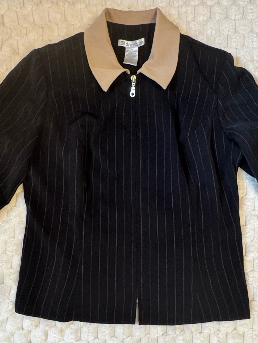 dressbarn Black Pinstripe Blazer with Tan Collar Zip Front
